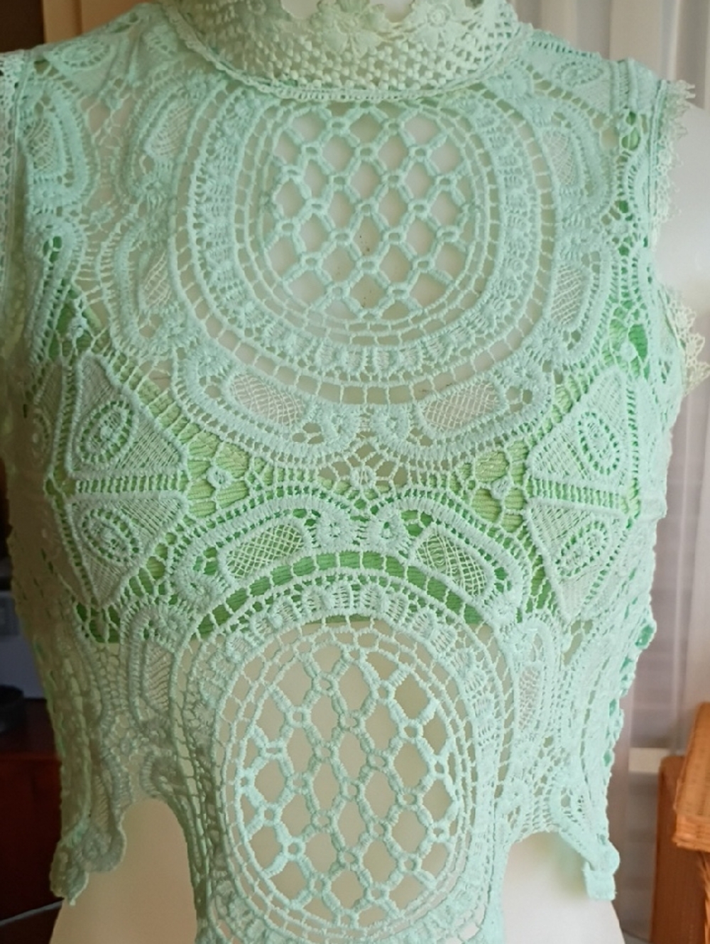 Banjul Mint Green Lace Crop Top with Gold Zipper With Under Bra